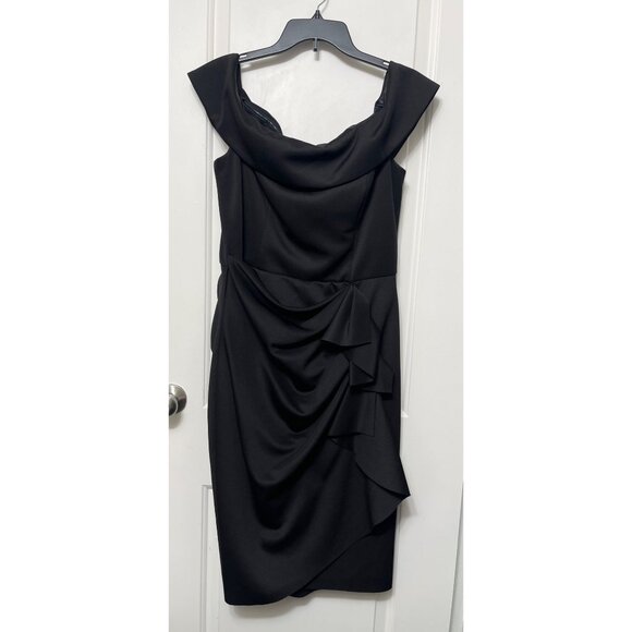 New XScape Off The Shoulder Cap Sleeve Sheath Ruched Side Scuba  Dress Black 16 - Picture 4 of 11
